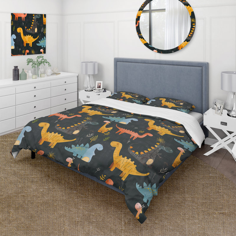 Ensemble de housse de couette jaune et vert pour enfants, motif de dinosaures II