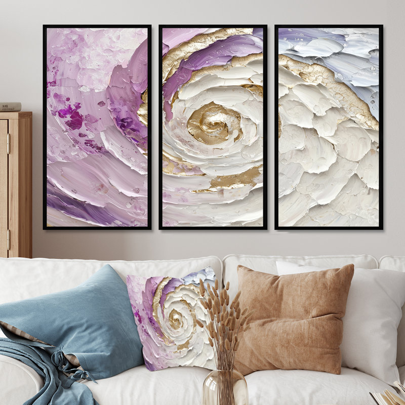 Ensemble de salon mauve et blanc Vortex cosmique mauve et blanc, Toile avec cadre flottant noir, H 28 po x l 36 po x P 1 po