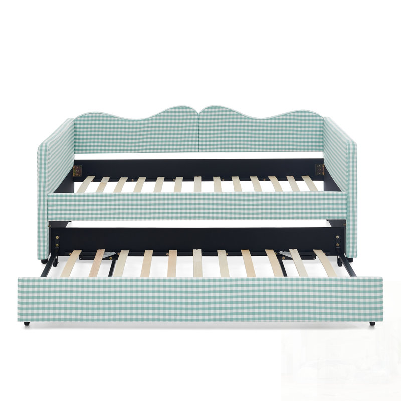 Lit de jour rembourré Gingham avec couchette coulissante, rangement latéral et structure en bois massif pour une utilisation multifonctionnelle dans les chambres d'enfants et d'invités