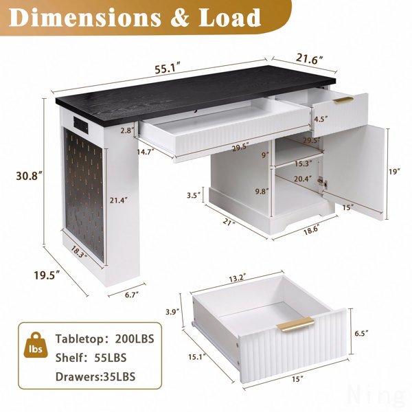 Latitude Run® 55" Modern Fluted Office Desk With Storage Cabinet ...