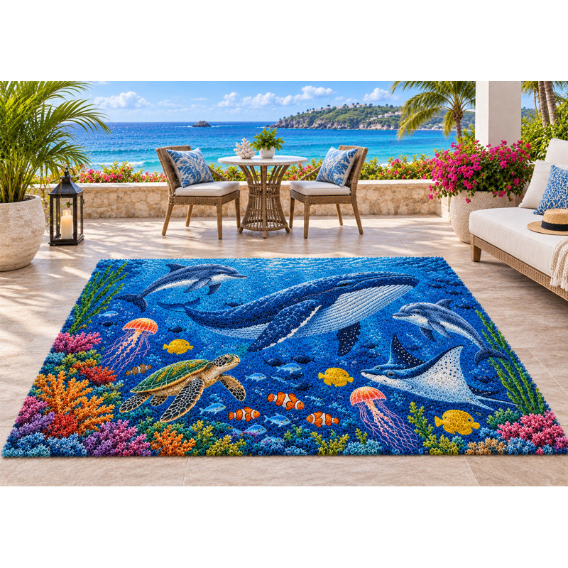 Tapis d'extérieur 152 x 213 cm (5' x 7') à motif de baleine, dauphin et tortue marine. Moquette épaisse, imperméable et résistante en PVC bouclé, idéale pour une terrasse ou une entrée. Séchage rapide.
