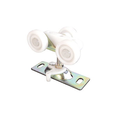 Roulette de porte pliante FHC N6848, modèle tricycle, rouleau en nylon de 25,4 mm de diamètre avec finition blanche, fixation centrée en haut, tige filetée en acier, finition bichromatée