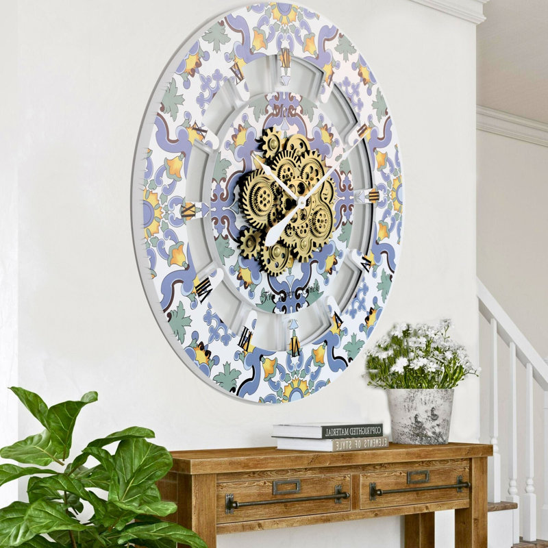 Oversized 36" Multicolor Metal and Wood Wall Clock with Moving Gears