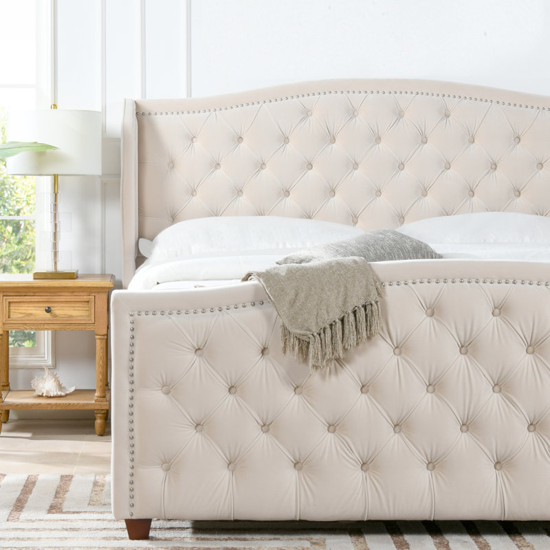 Coleman Upholstered Wingback Bed, King, Sky Neutral Beige Velvet