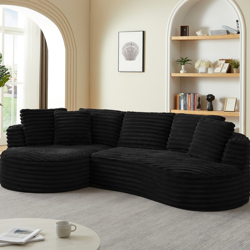 4 Curved L-Shape Minimalist Sectional , Sleeper With Sponge And Pocket Spring, Corduroy, Instant Use For Reception No Assembly Living Room