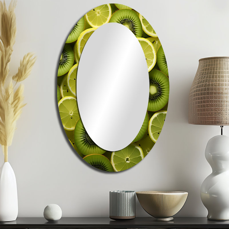 Kiwifruit Kaleidoscope I - Grand miroir mural ovale sur métal, 36 po x 24 po