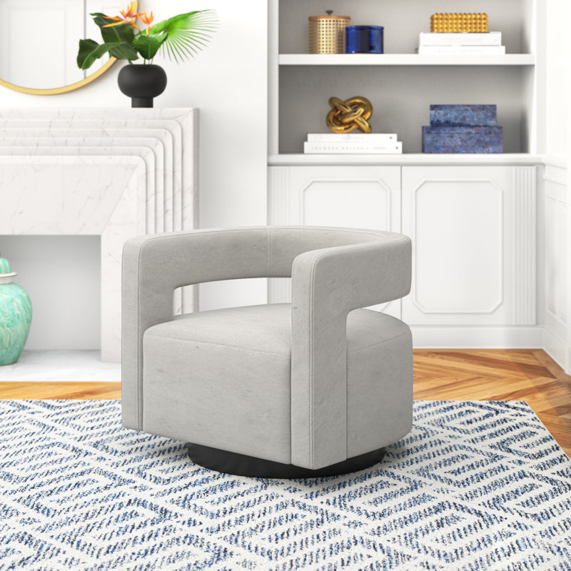 Keegan Upholstered Swivel Barrel Chair, Light Gray Velvet, Black