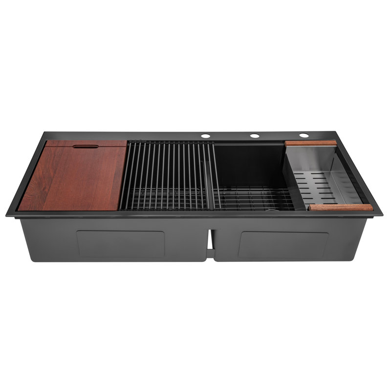 CozyBlock 48'' L Double Bowl Stainless Steel Kitchen Sink, Nano Black