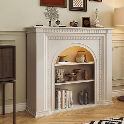 Beige Manufactured Wood Electric Fireplace