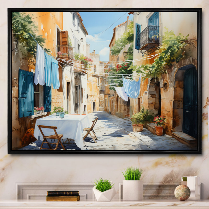 Jour de lessive en Italie I - Art mural, Cadre flottant noir, H 30 po x l 40 po x P 1,5 po