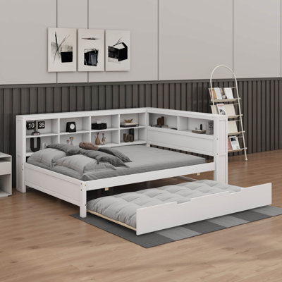 Wooden Full Size Daybed With Trundle Bed, Includes Storage Shelf & USB Charging Ports