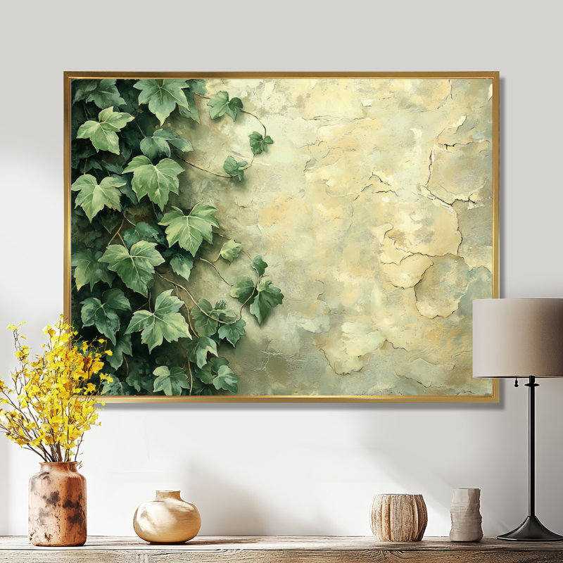 Ireion Collage of Ivy Leaves On A Wall II - feuilles, art mural, H 30 po x l 40 po, Impression encadrée flottante, Doré