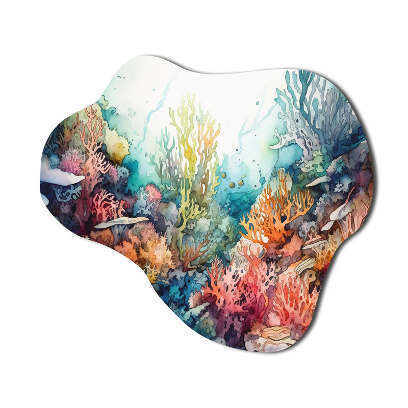 «Vibrant Coral Reef III - Cloud Modern Beach», décoration murale asymétrique en métal, H 28 po x l 25 po