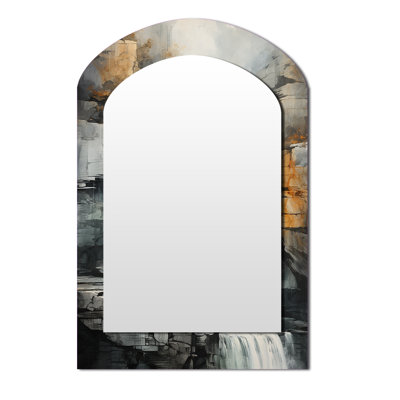 waterfall cliff adventure - Waterfall Asymmetrical Decorative Wall Mirror, Grey Arch Large Mirror, Printed Metal Art