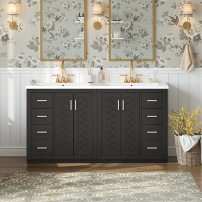 Ensemble de meuble-lavabo 60 po avec lavabo en céramique (séparé), armoire de rangement en bois massif, ensemble de meuble-lavabo autoportant avec tiroirs et portes à fermeture douce