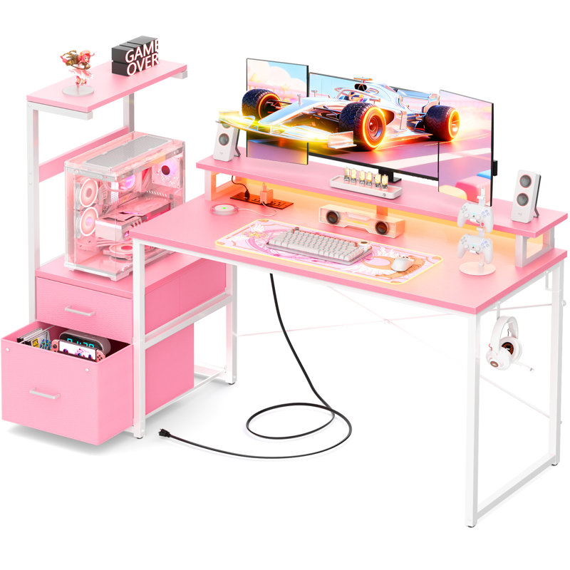 Bureau de jeu 60 po réversible avec support pour écran et tiroirs en tissu, Rose/Blanc