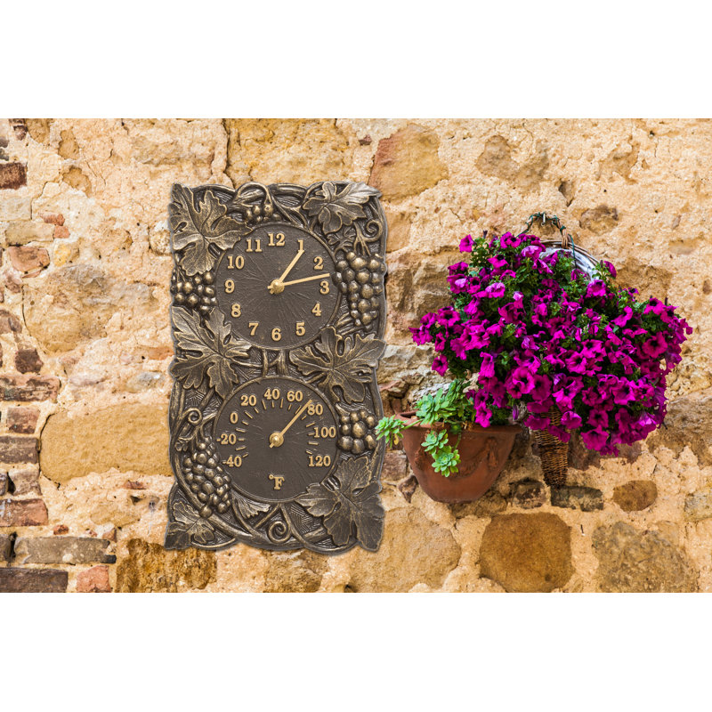 Grapevine Indoor/Outdoor Wall Clock and Thermometer, French Bronze