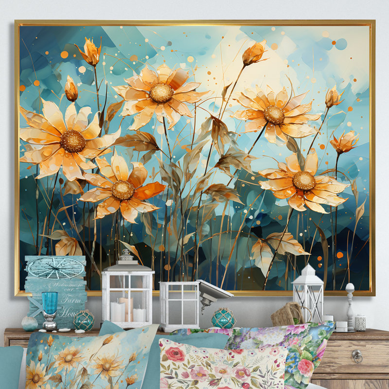 Rêves de tournesols surréels surréels, H 30 po x l 40 po x P 1,5 po, Cadre flottant doré