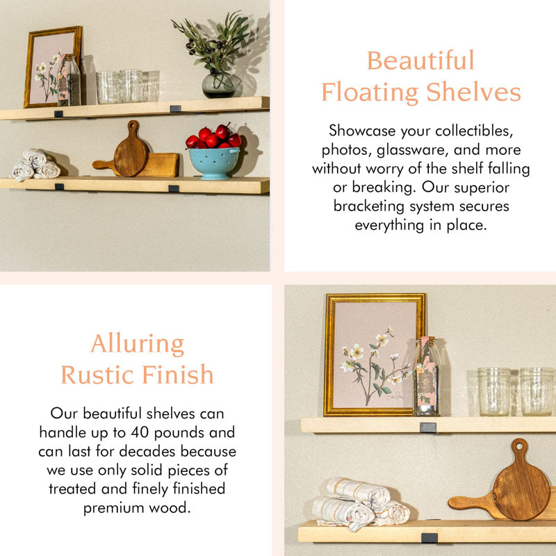 2 Piece Solid Wood Floating Shelf, Light Brown