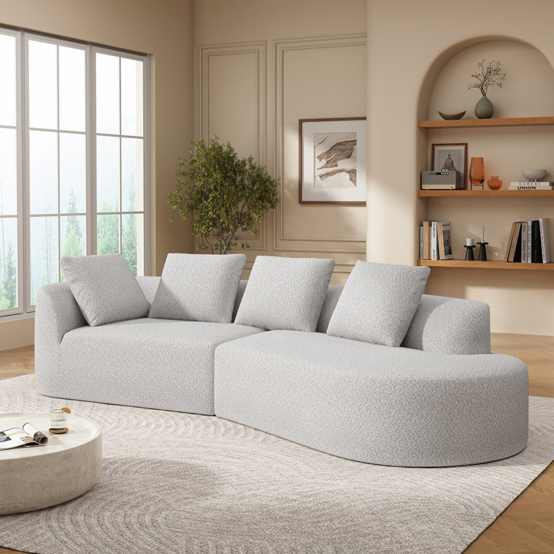 Canapé modulaire courbé de 116 po avec éponge entièrement compressée haute densité et méridienne, Blanc gris
