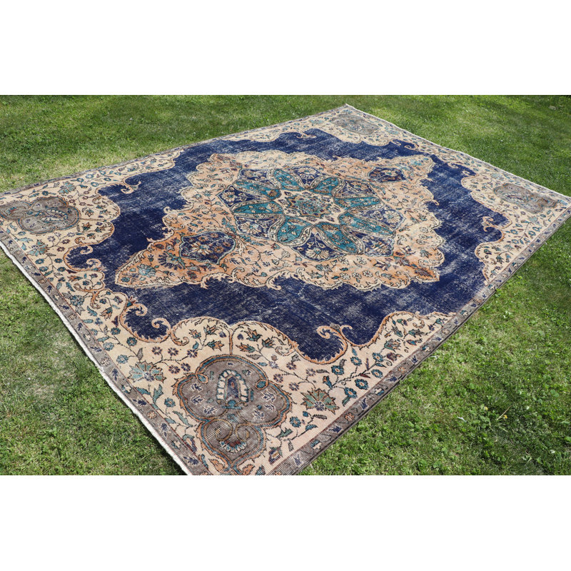 Tapis rétro bleu marine surdimensionné rétro avec motif de médaillon pour la maison et le salon
