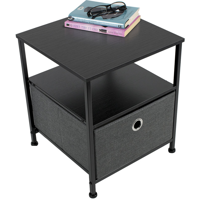 Black Steel Frame Nightstand with Wood Top and Fabric Drawer