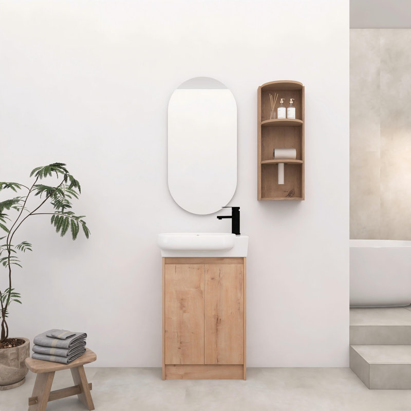 Meuble-lavabo autoportant de 23 po avec lavabo en céramique et support de rangement, portes à fermeture en douceur, Brun