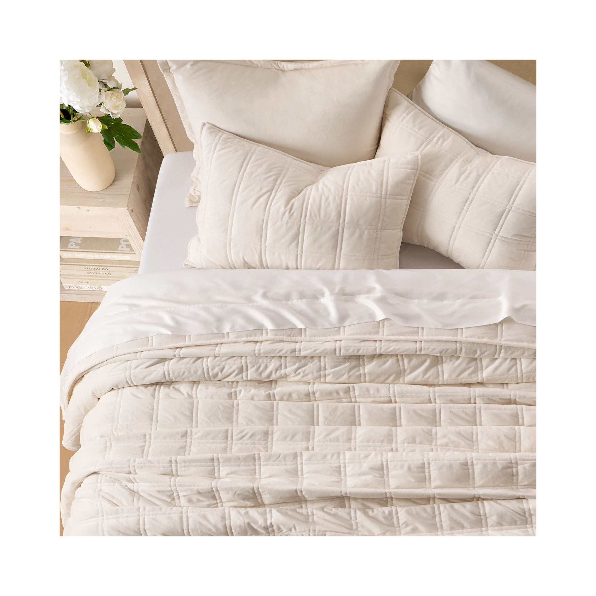 Double Box Stitch Velvet Quilt set, Terracotta Clay, Queen Quilt + 2 Queen Shams