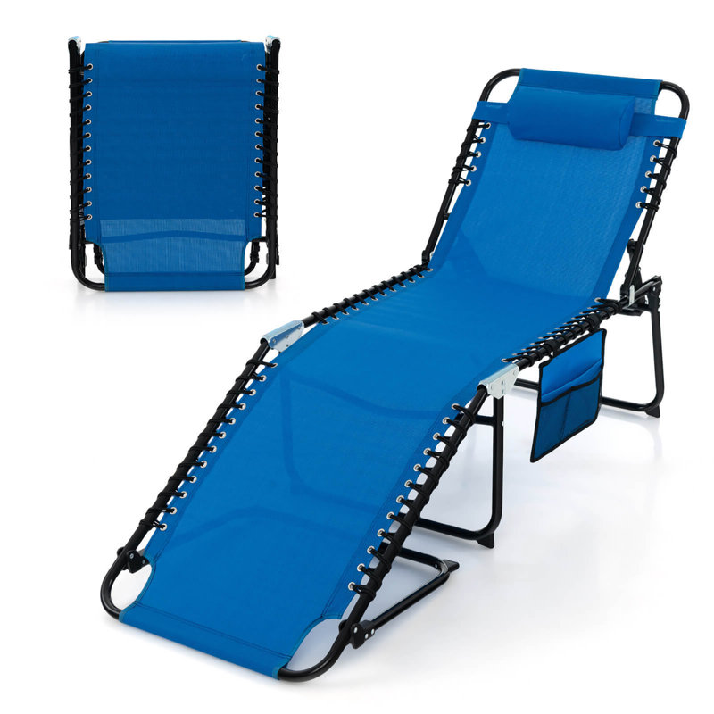  Patio Folding Chaise Lounge Portable Lay Flat Reclining Chair w/ 4-Level Backrest Side Pocket, Blue, 1