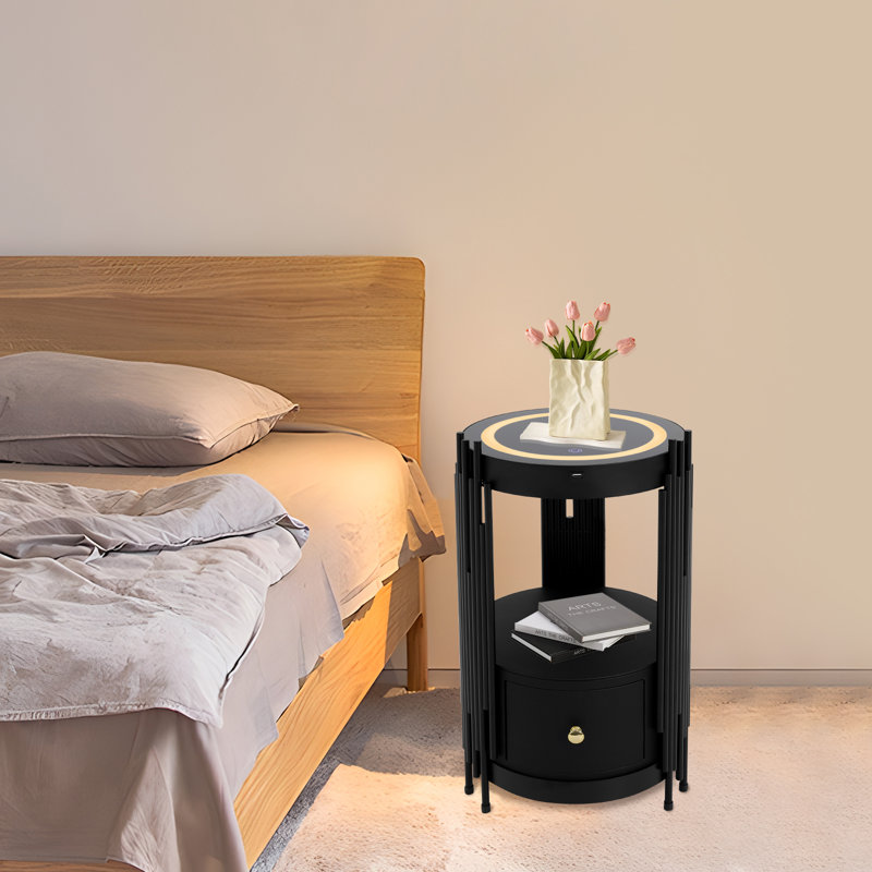 Led Smart Round Nightstand With Wireless Charging Station 13.78*25.59 In((D*H), Black