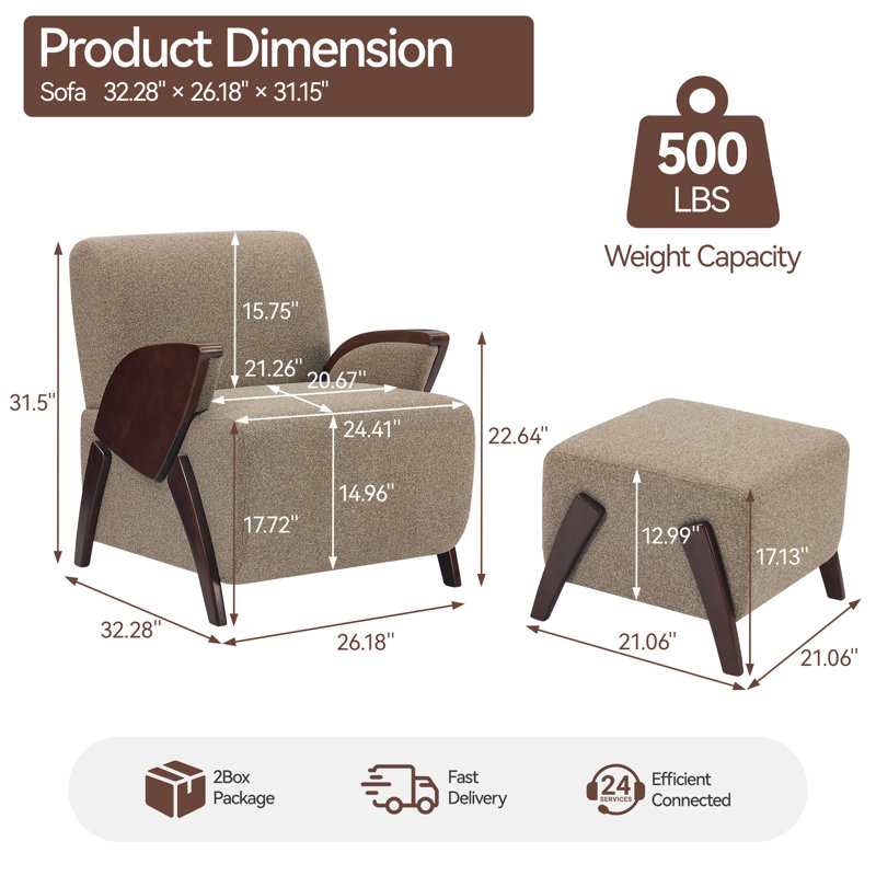 Fauteuil d'appoint moderne rembourré de 68,5 cm de large avec repose-pieds, structure en bois massif, Brown, Yes
