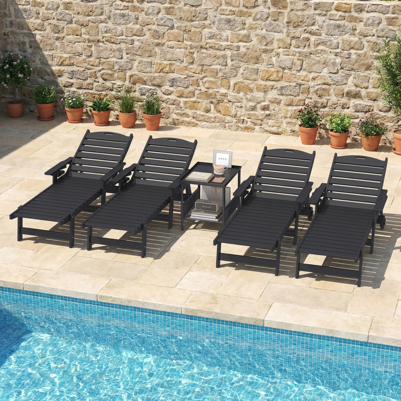 Hdpe Wood Grain Outdoor Chaise Lounge Set Of 2, Patio Lounge Chair With Adjustable 6-Position, Sun Lounger, Black