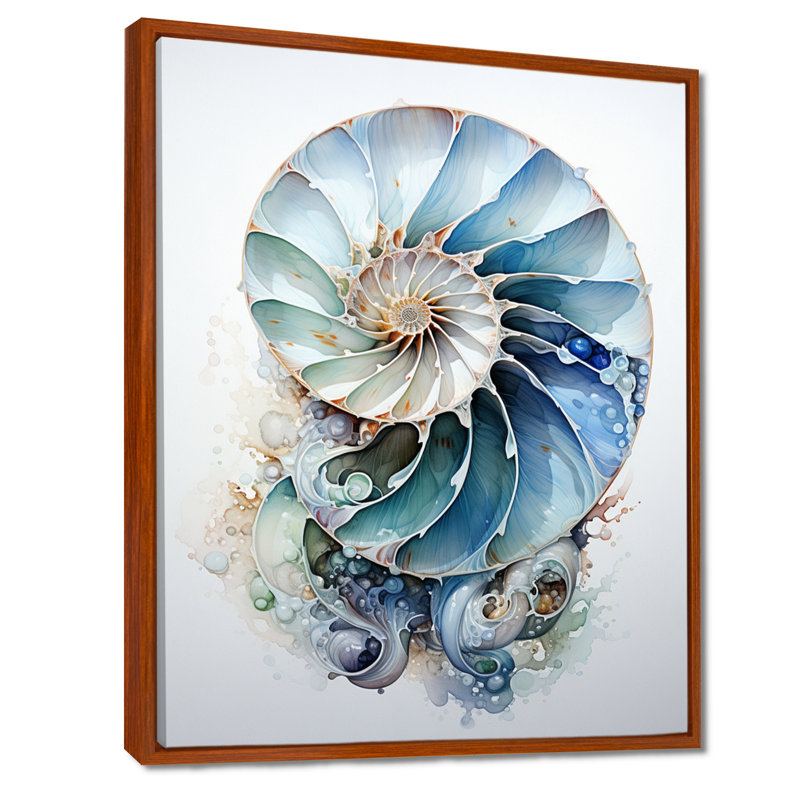 Nautilus Ocean Blue Sheels Symetry - Nautilus, art mural, Reproduction avec cadre flottant, H 20 po x l 12 po, Brun