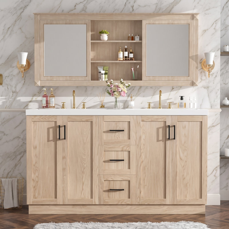 Ensemble de meuble-lavabo double 59 po à grain de bois moderne 59 po avec lavabo SMC, armoire 4 portes en MDF 3 tiroirs, quincaillerie à fermeture en douceur et tablettes réglables