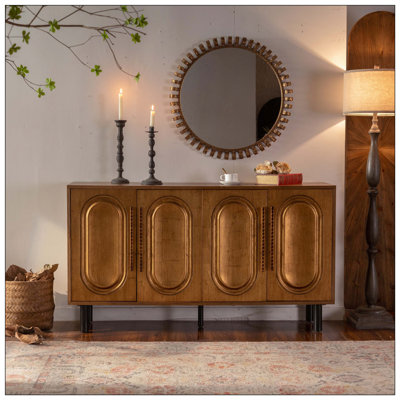 Élégant buffet à quatre portes avec des portes à motif ondulé, des pieds cylindriques et des poignées en métal élégantes, réglable, adapté pour le bureau, le vestibule et le salon