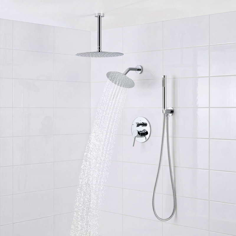 Ensemble complet de robinetterie de douche circulaire à 3 fonctions avec pression équilibrée, comprenant une fixation murale, une fixation au plafond et une douchette.