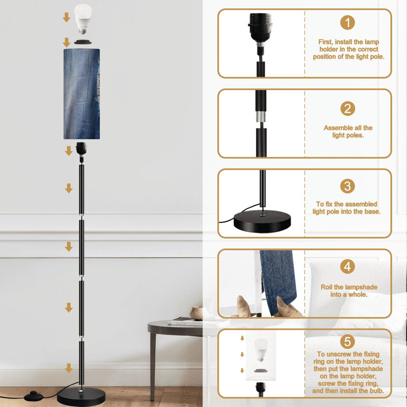 Lampe sur pied en denim en tissu à intensité variable moderne avec télécommande et pédale avec abat-jour et abat-jour
