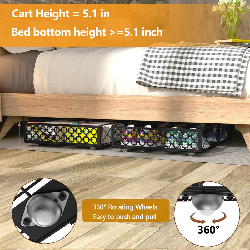 Black Metal Foldable Under Bed Storage Box with Wheels