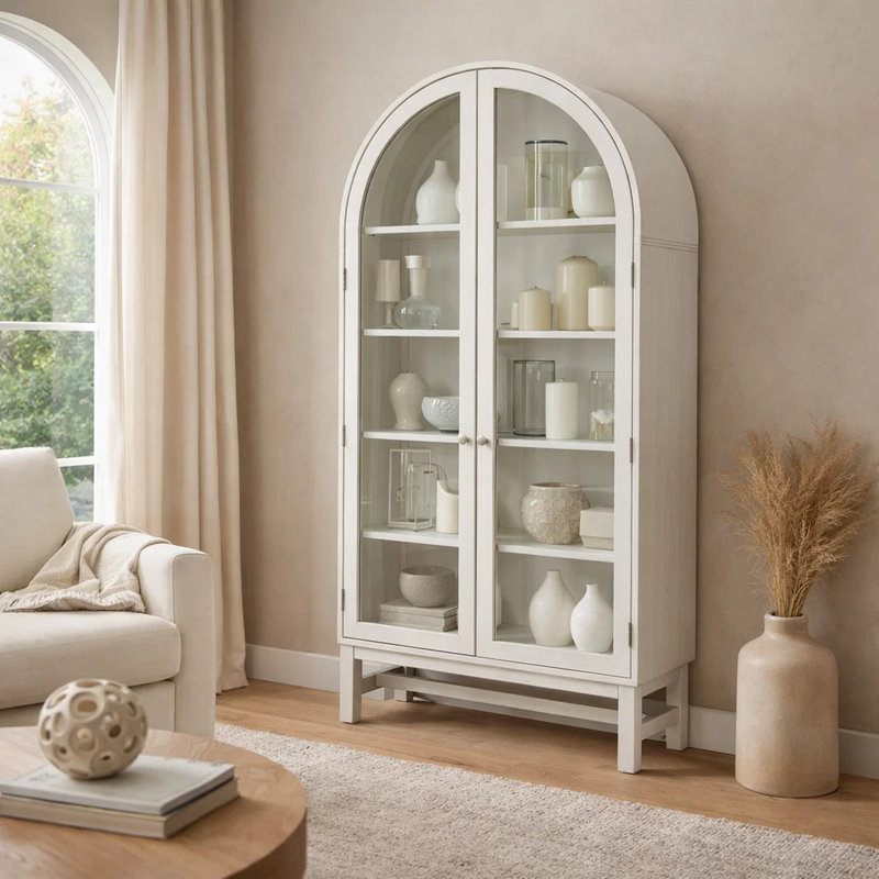 Vitrine Gela Curio, 2 portes arquées en verre, finition blanc antique, Blanc antique