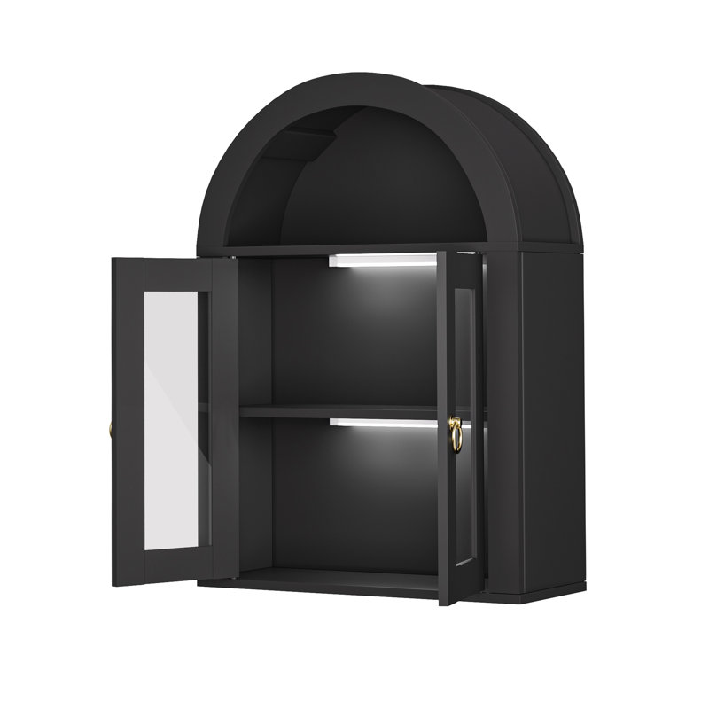Armoire murale arquée avec lumière DEL et portes en verre, Noir