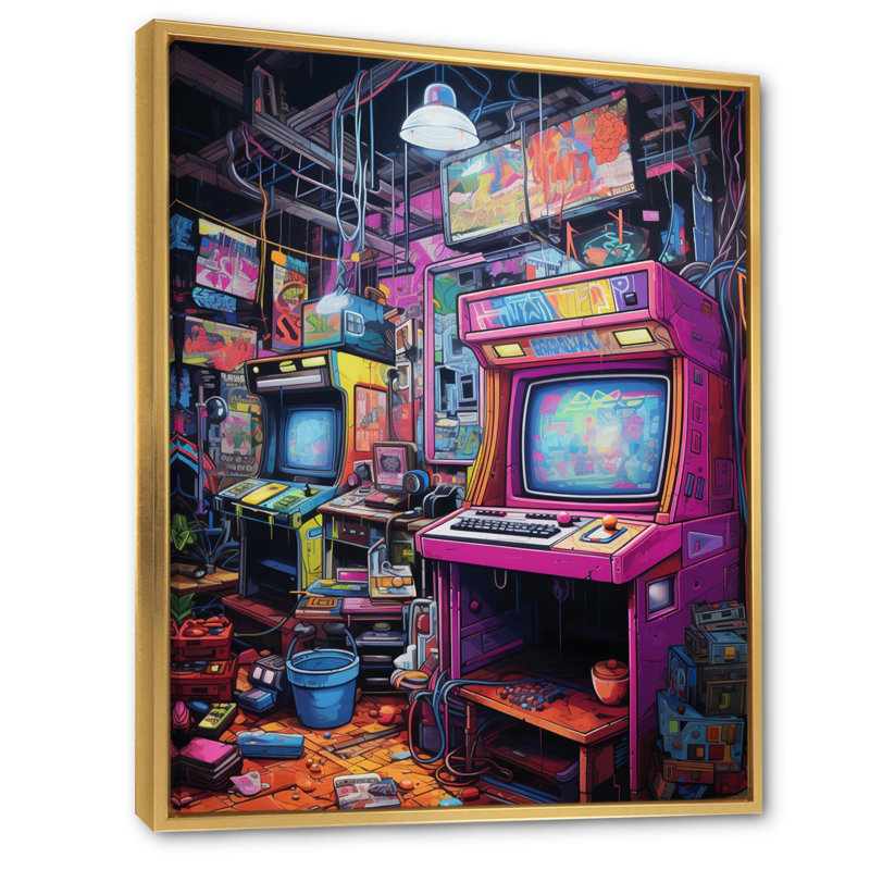 Jeu vidéo mauve bleu rétro, 44" H x 34" W, Cadre flottant doré