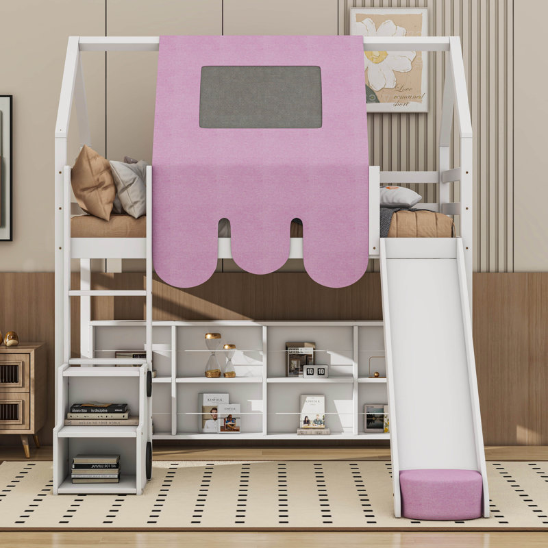 Lit mezzanine avec structure en forme de maison et tente, Lit simple, Blanc / rose