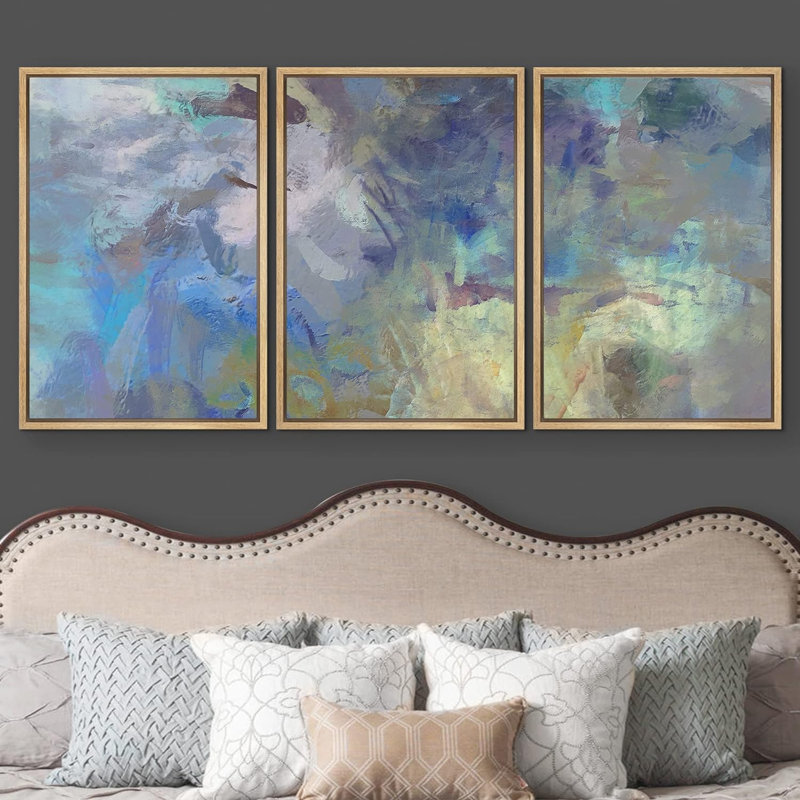 «Bleu sarcelle et jaune», 3 pièces sur toile, Cadre naturel flottant, H 36 po x l 72 po