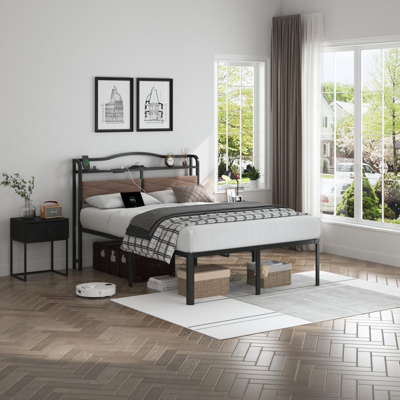 Upholstered Bed Frame With Storage Headboard, Charging Station, Galaxy Aurora Projector, Queen