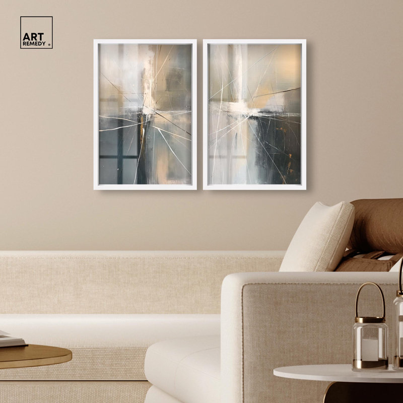 Contemporary Abstract Diptych Shadowbox Print Gold Boho Wall Decor Set by Art Remedy, Black Frame, 10 x 15, H 31 po x l 21 po