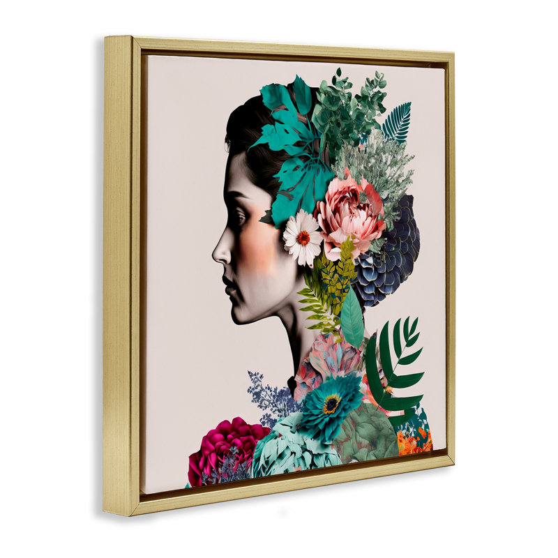  «Blooming Flowers Visage» par Incado, H 18 po x l 18 po, Cadre flottant métallique doré