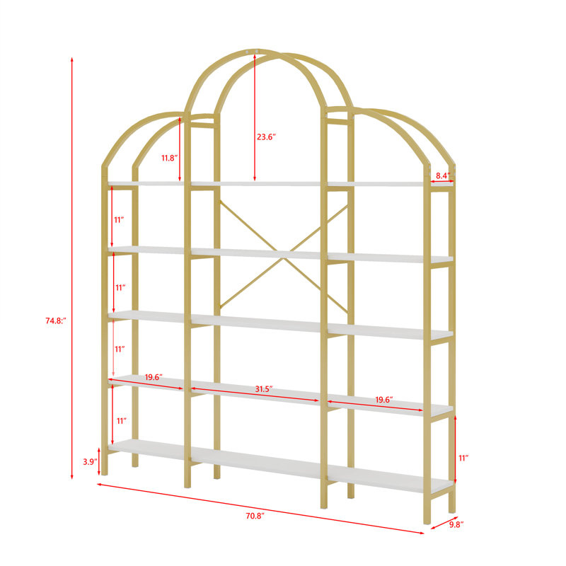 74.8 Inch 5-Tier Office Bookcase With Round Top, X Bar Gold Frame