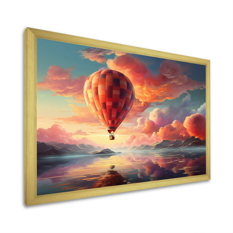 Peach Hot Air Ballon Atmospheric I - Transportation Canvas Wall Art, H 16 po x l 32 po x P 1 po, Encadrement doré