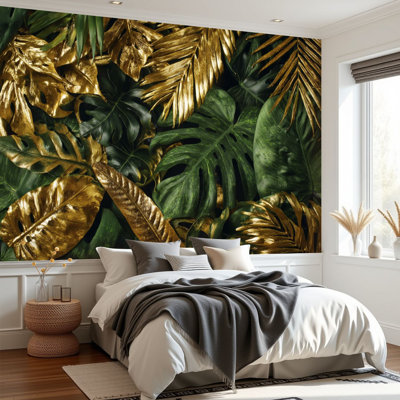 Papier peint adhésif nature créative feuilles de palmier tropicales vert or et papier autocollant amovible pour décoration murale de salon H 69 po x l 96 po
