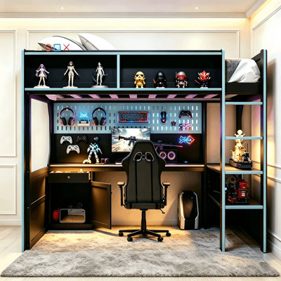 Gaming Loft Bed With Lighted Desk, Power Outlets, Pegboard, Multi-storage Shelves And Cabinet